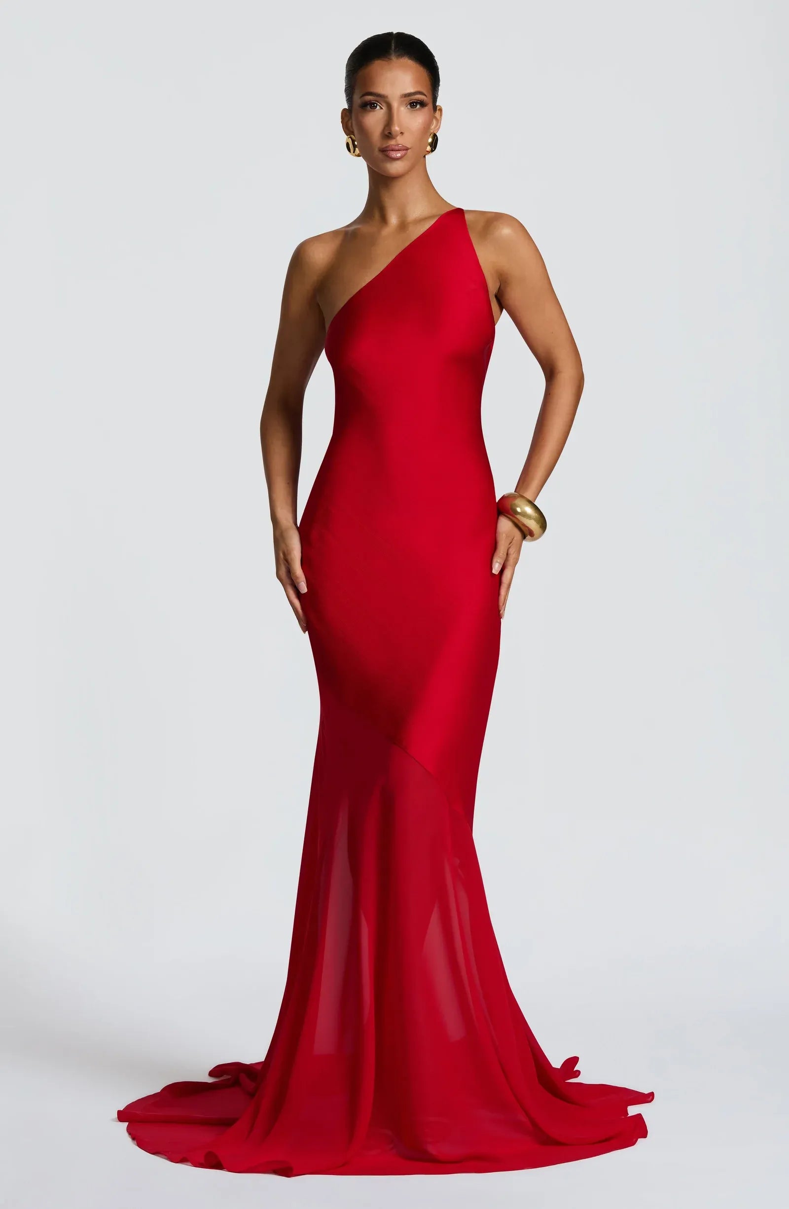 Asymmetric One Shoulder Cross Back Tie Two Layer Red Satin Chiffon Mermaid Train Maxi Wedding Guest Dresses