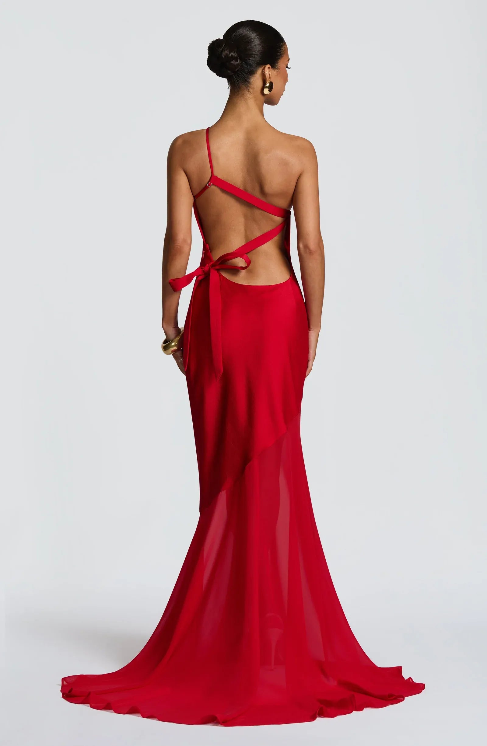 Asymmetric One Shoulder Cross Back Tie Two Layer Red Satin Chiffon Mermaid Train Maxi Wedding Guest Dresses