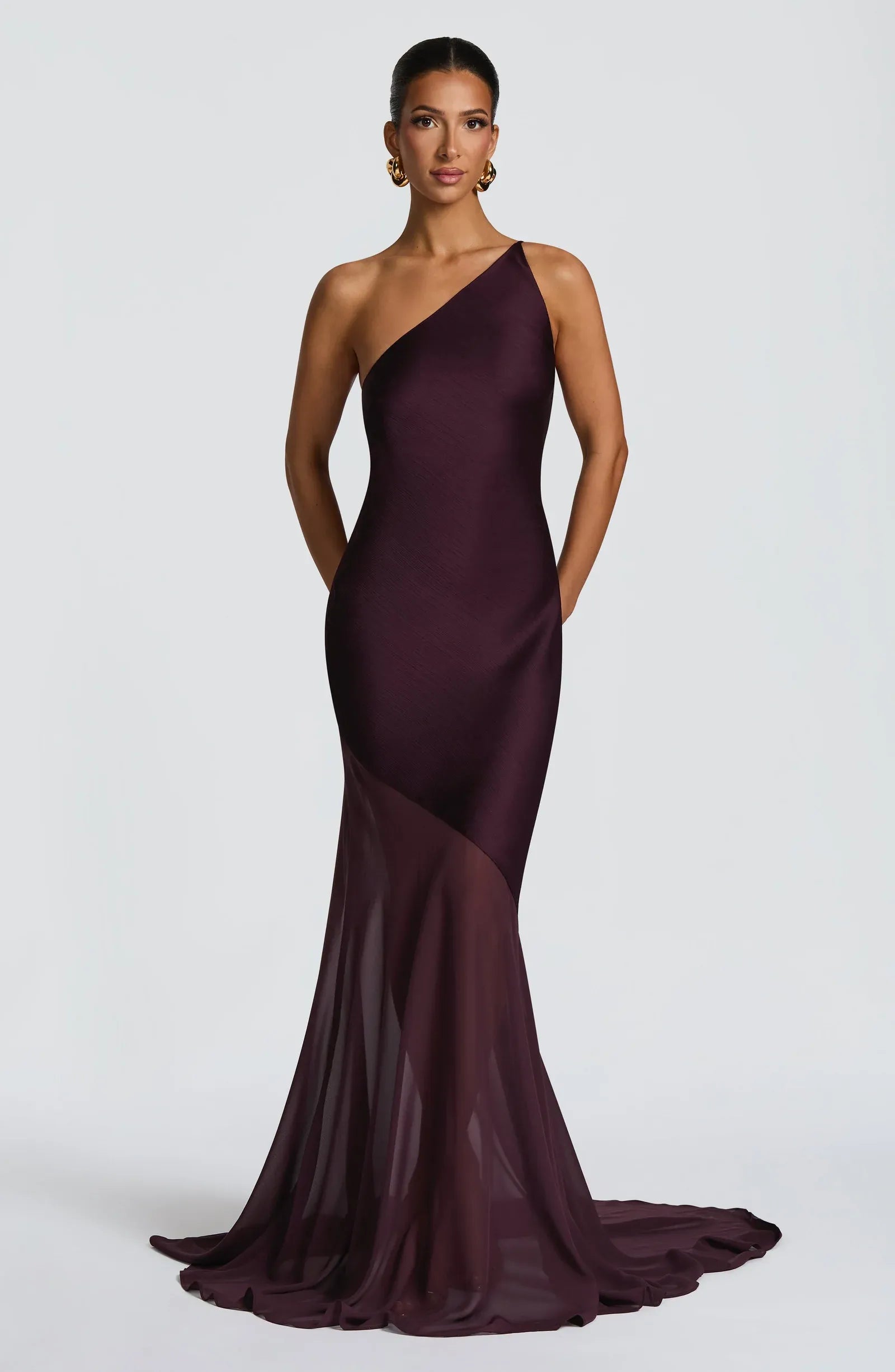 Asymmetric One Shoulder Cross Back Tie Two-Tier Chiffon Satin Mermaid Train Plum Wedding Guest Dresses