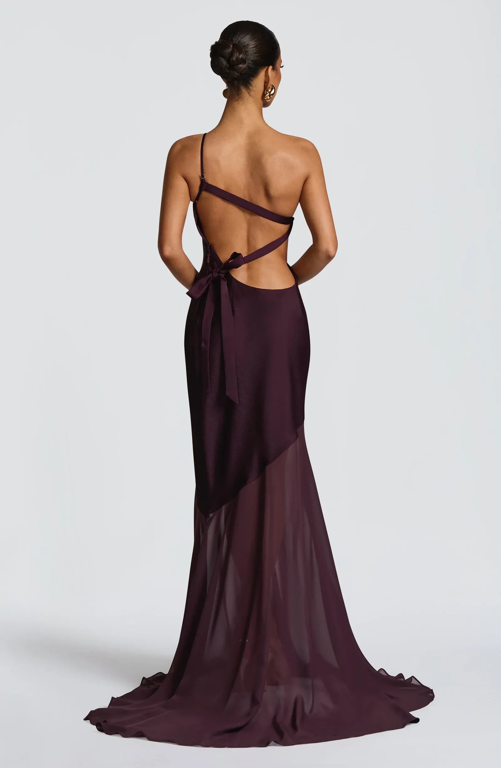 Asymmetric One Shoulder Cross Back Tie Two-Tier Chiffon Satin Mermaid Train Plum Wedding Guest Dresses