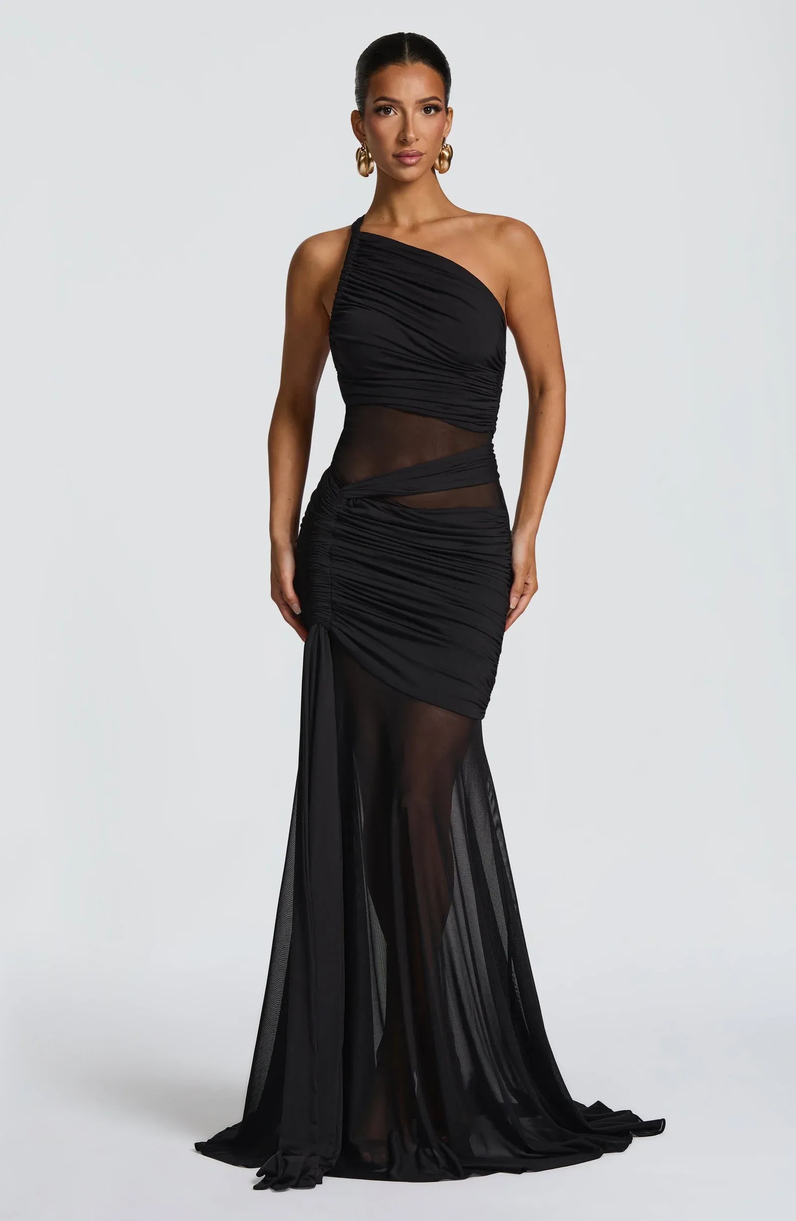Asymmetric One Shoulder Mesh Cutout Full Ruched Black Mesh Mermaid Train Maxi Wedding Guest Dresses