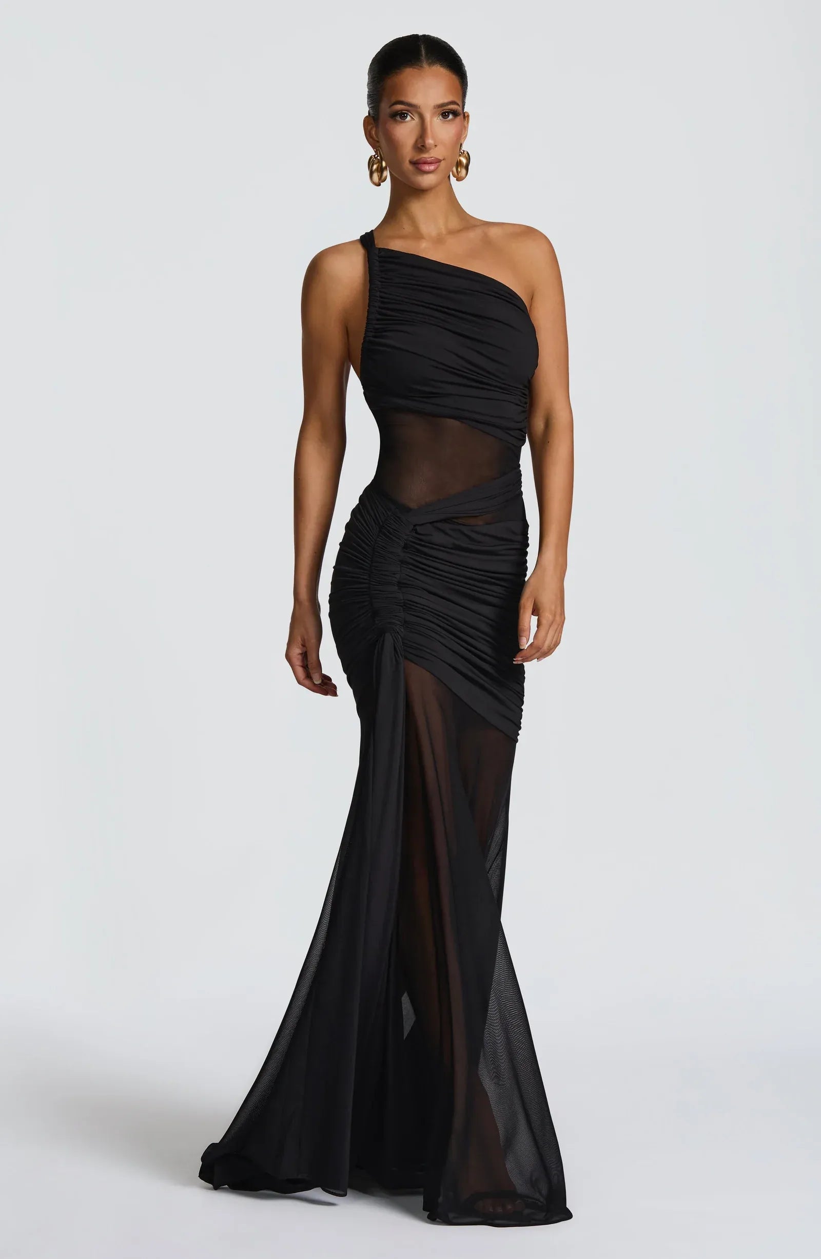 Asymmetric One Shoulder Mesh Cutout Full Ruched Black Mesh Mermaid Train Maxi Wedding Guest Dresses