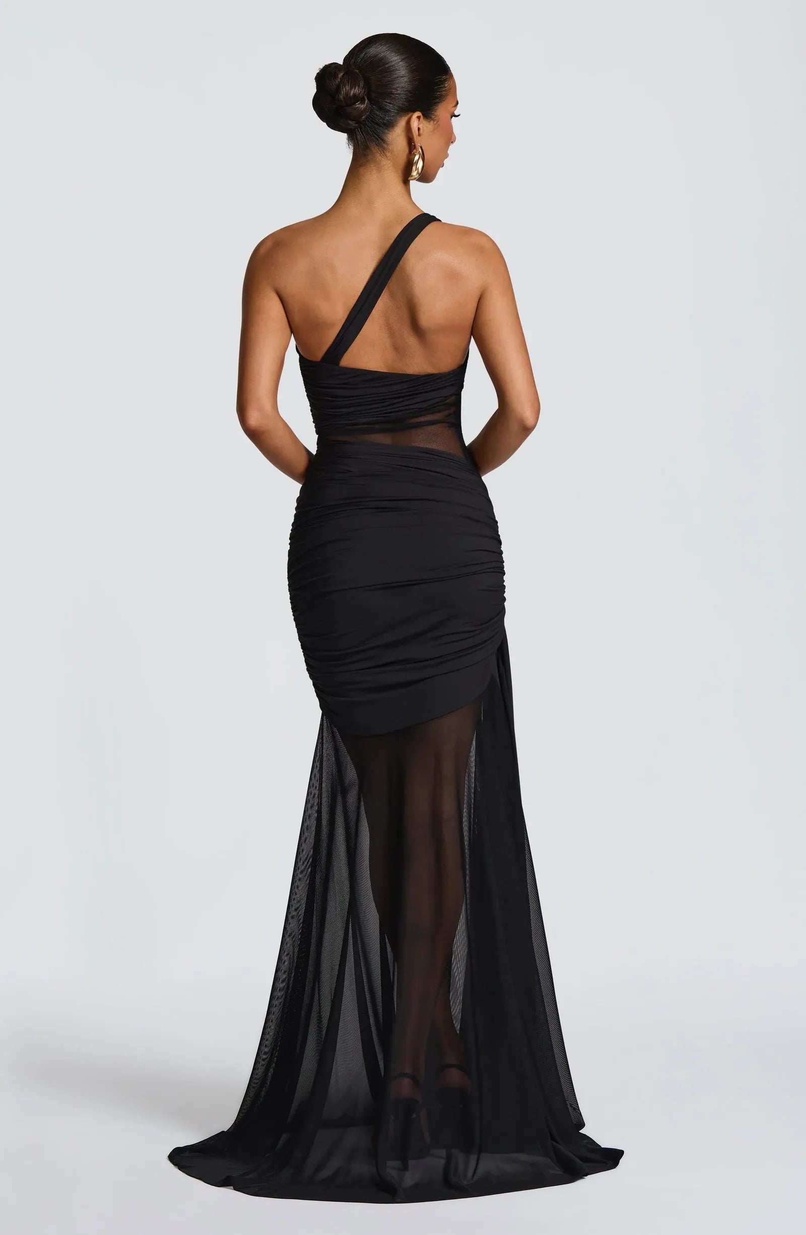 Asymmetric One Shoulder Mesh Cutout Full Ruched Black Mesh Mermaid Train Maxi Wedding Guest Dresses