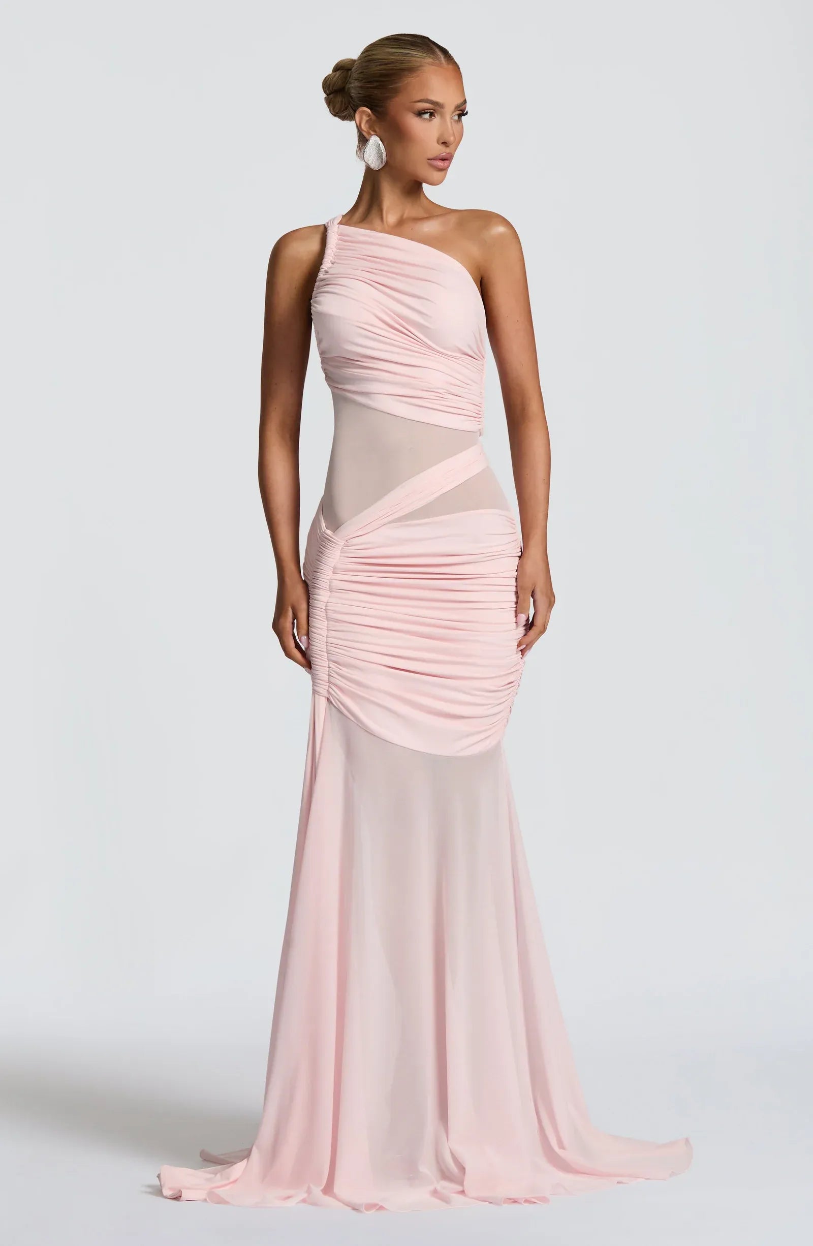 Asymmetric One Shoulder Mesh Cutout Full Ruched Light Pink Mermaid Maxi Wedding Guest Dresses