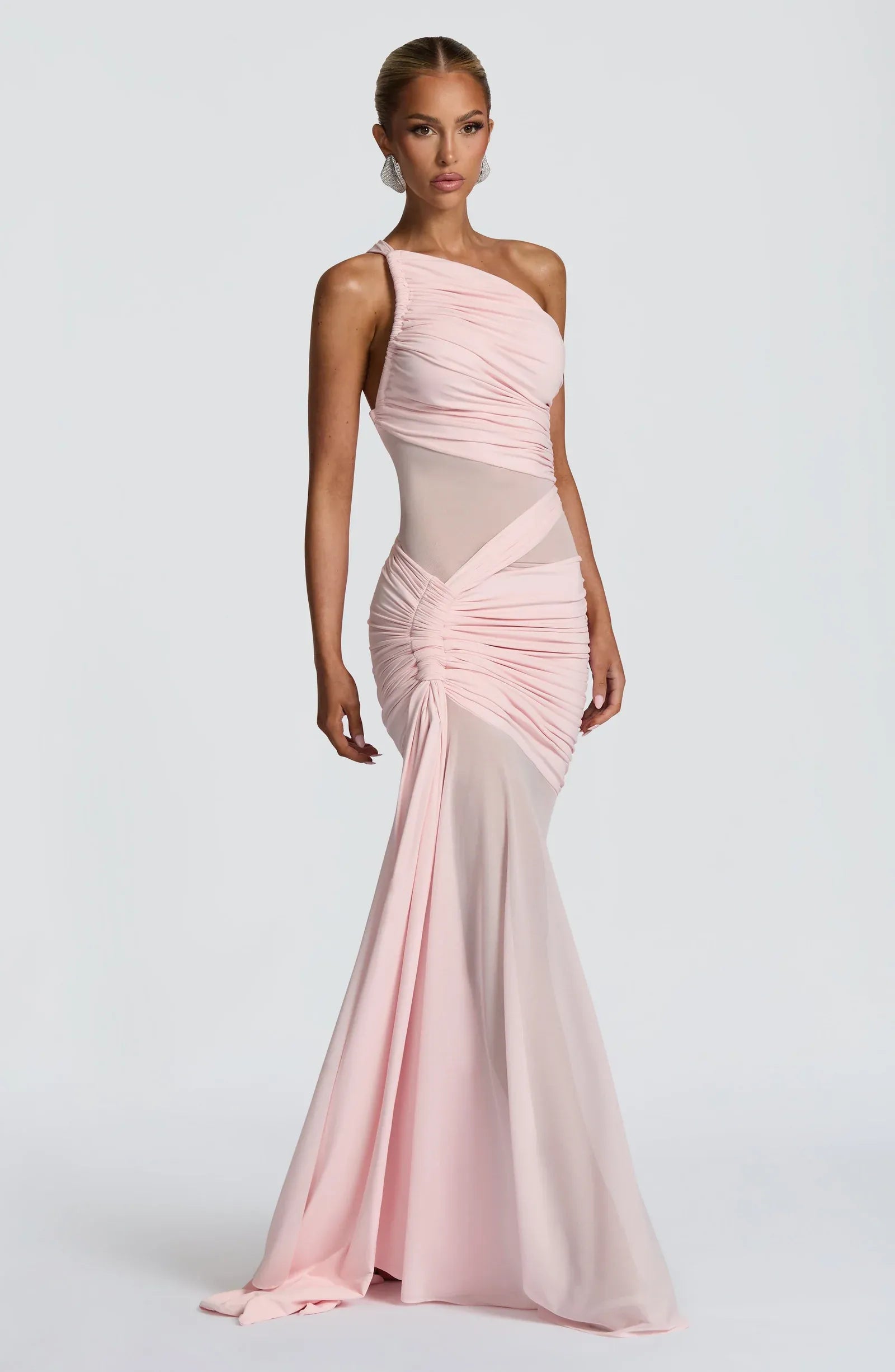 Asymmetric One Shoulder Mesh Cutout Full Ruched Light Pink Mermaid Maxi Wedding Guest Dresses