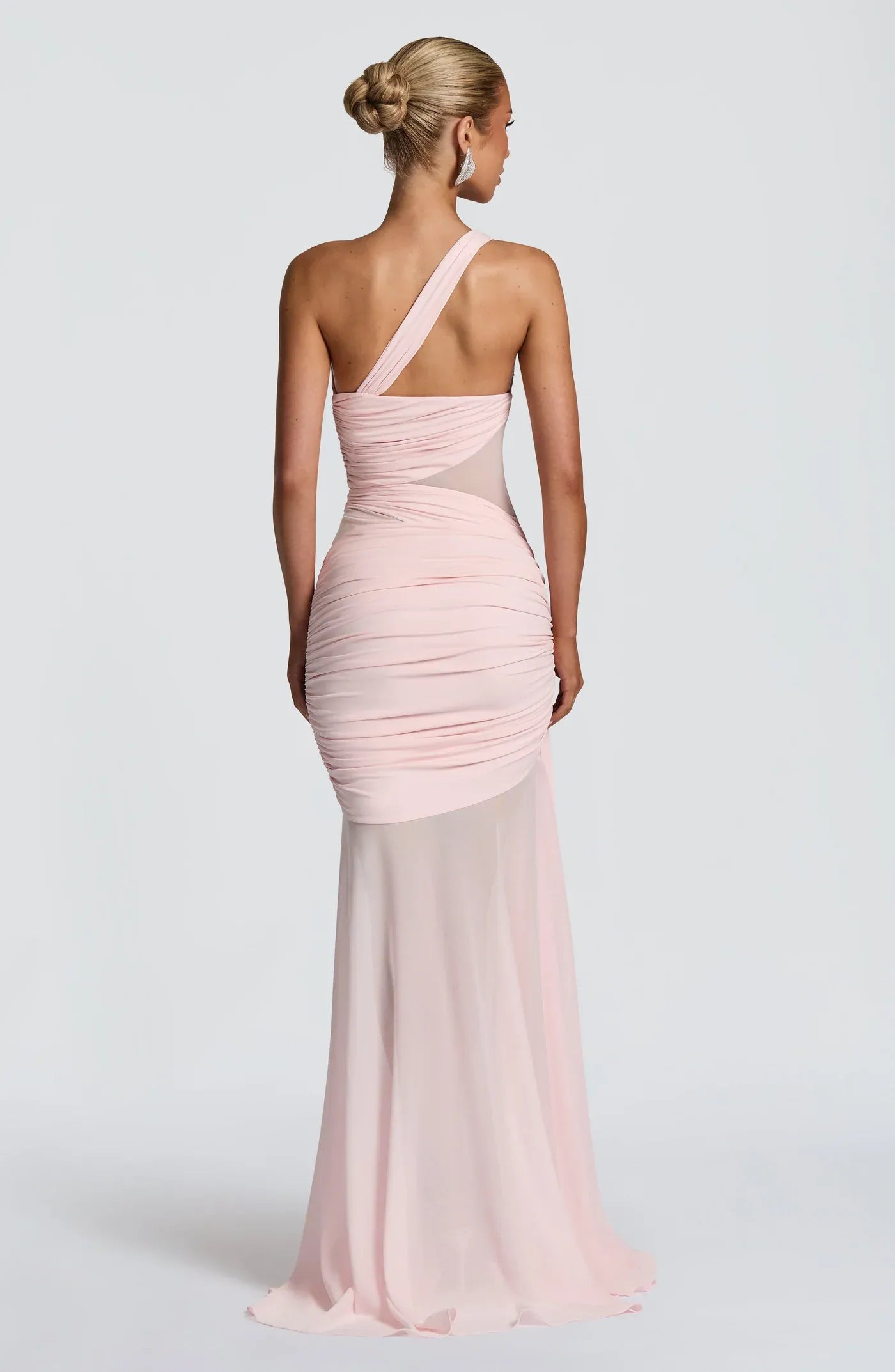 Asymmetric One Shoulder Mesh Cutout Full Ruched Light Pink Mermaid Maxi Wedding Guest Dresses
