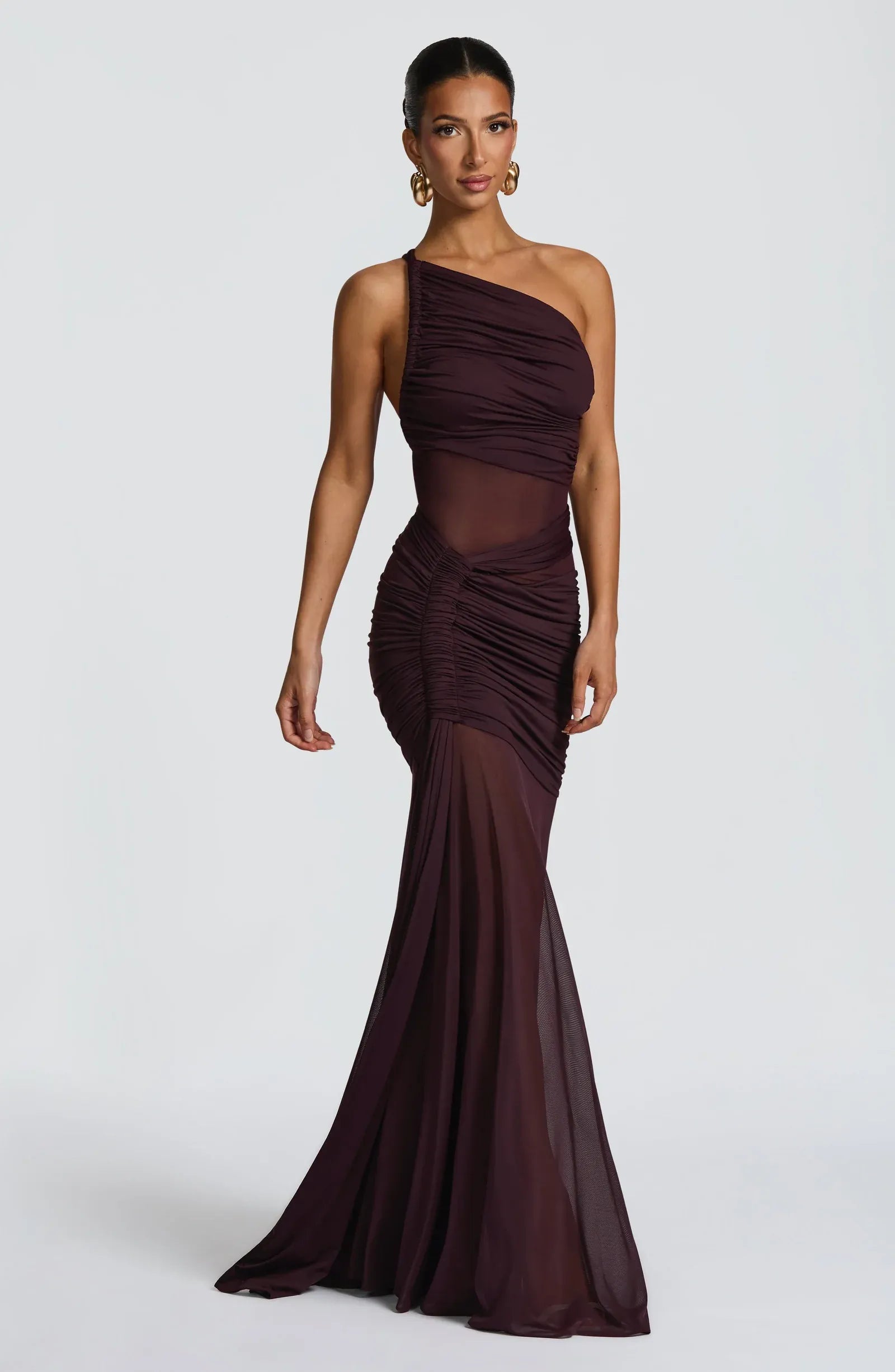 Asymmetric One Shoulder Mesh Cutout Full Ruched Plum Mermaid Maxi Wedding Guest Dresses