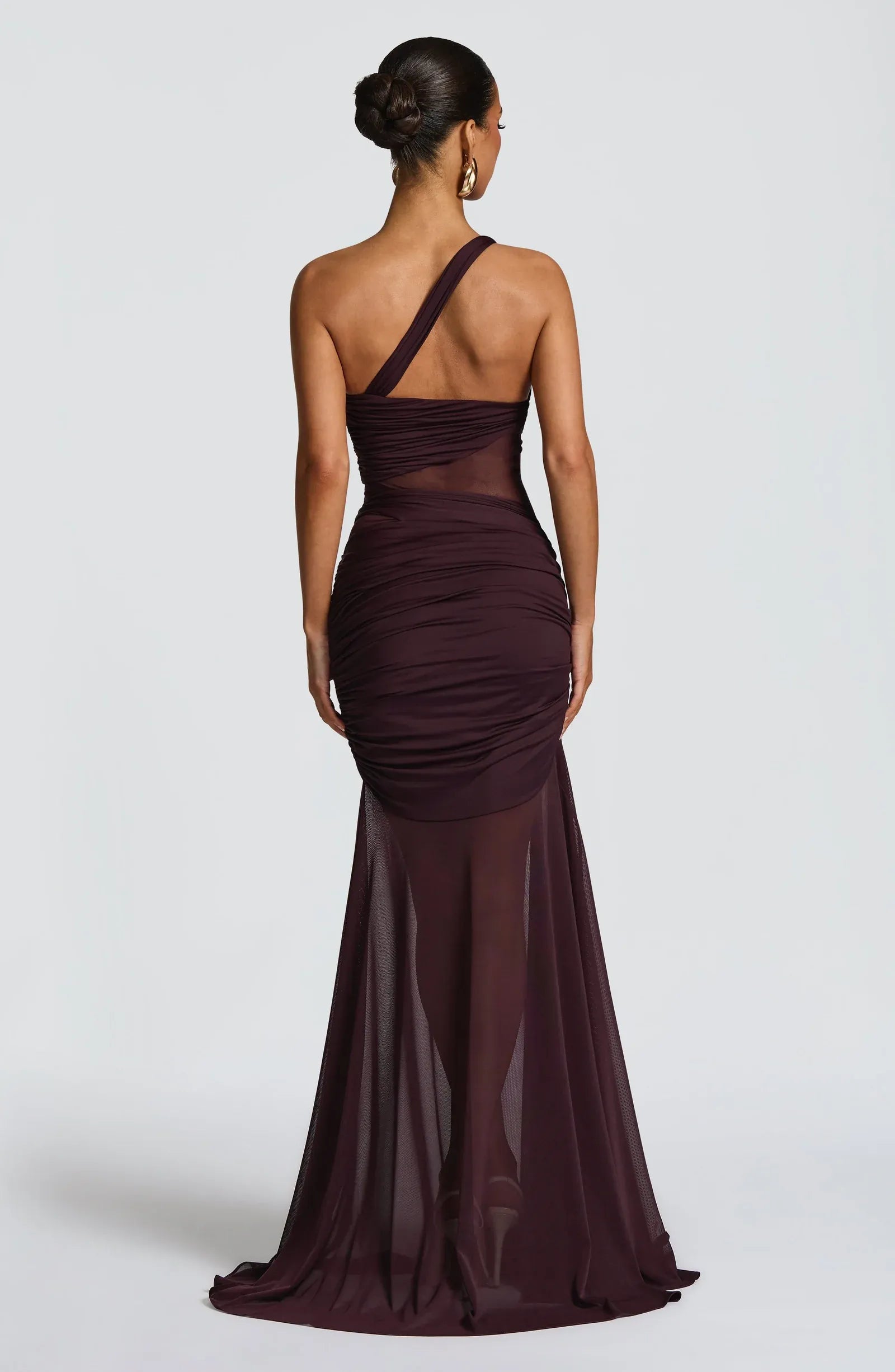 Asymmetric One Shoulder Mesh Cutout Full Ruched Plum Mermaid Maxi Wedding Guest Dresses