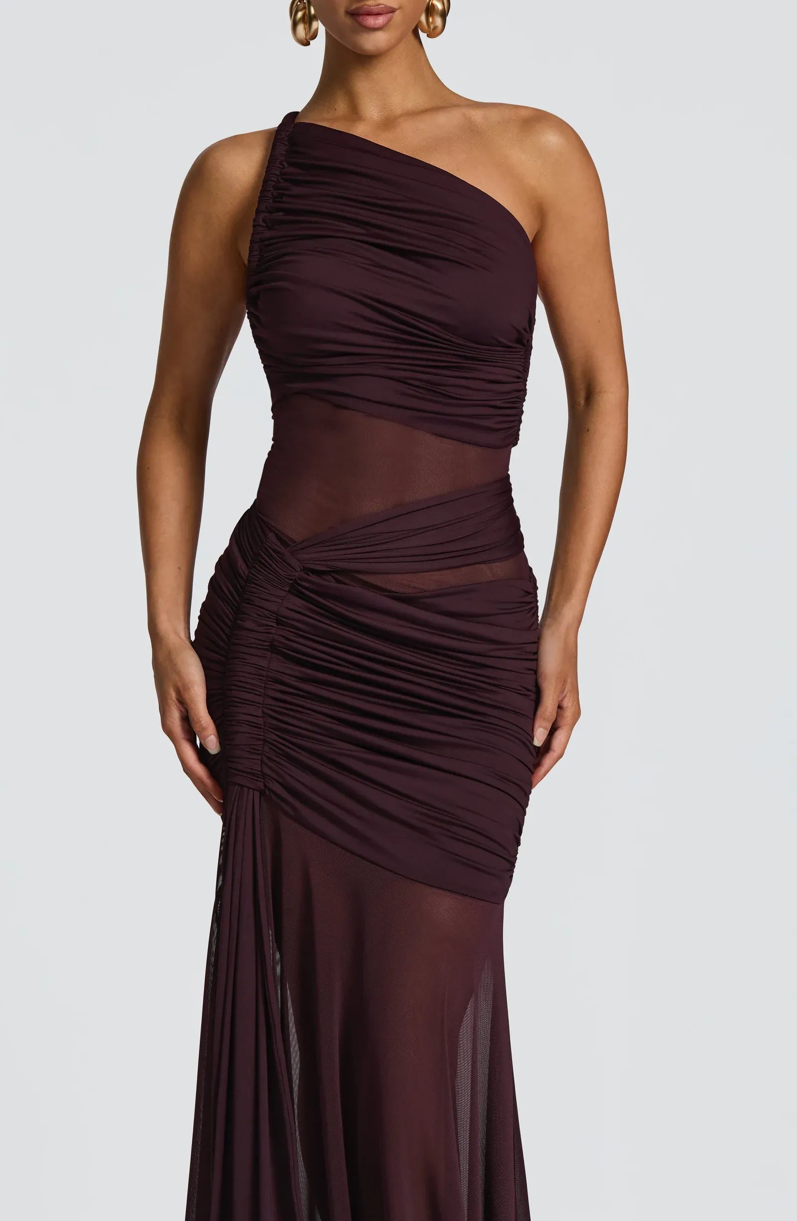 Asymmetric One Shoulder Mesh Cutout Full Ruched Plum Mermaid Maxi Wedding Guest Dresses
