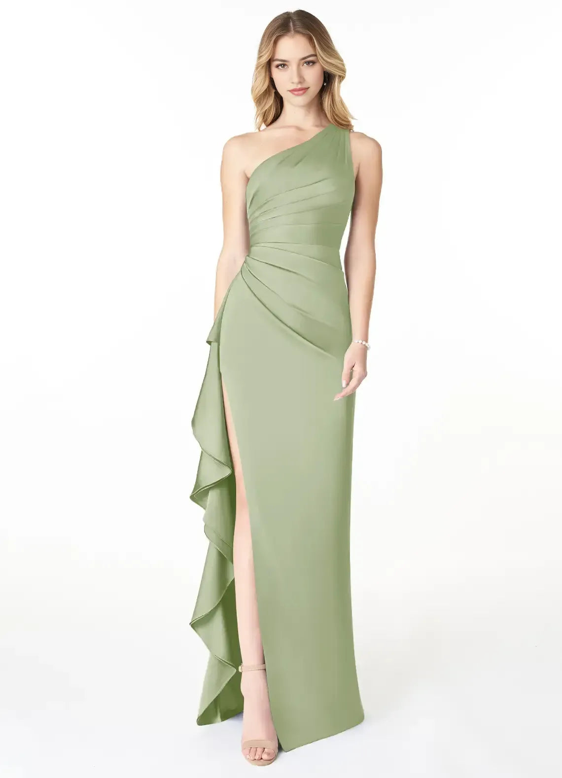 Asymmetric One Shoulder Ruched Side Ruffle High Slit Satin Mermaid Long Bridesmaid Dress