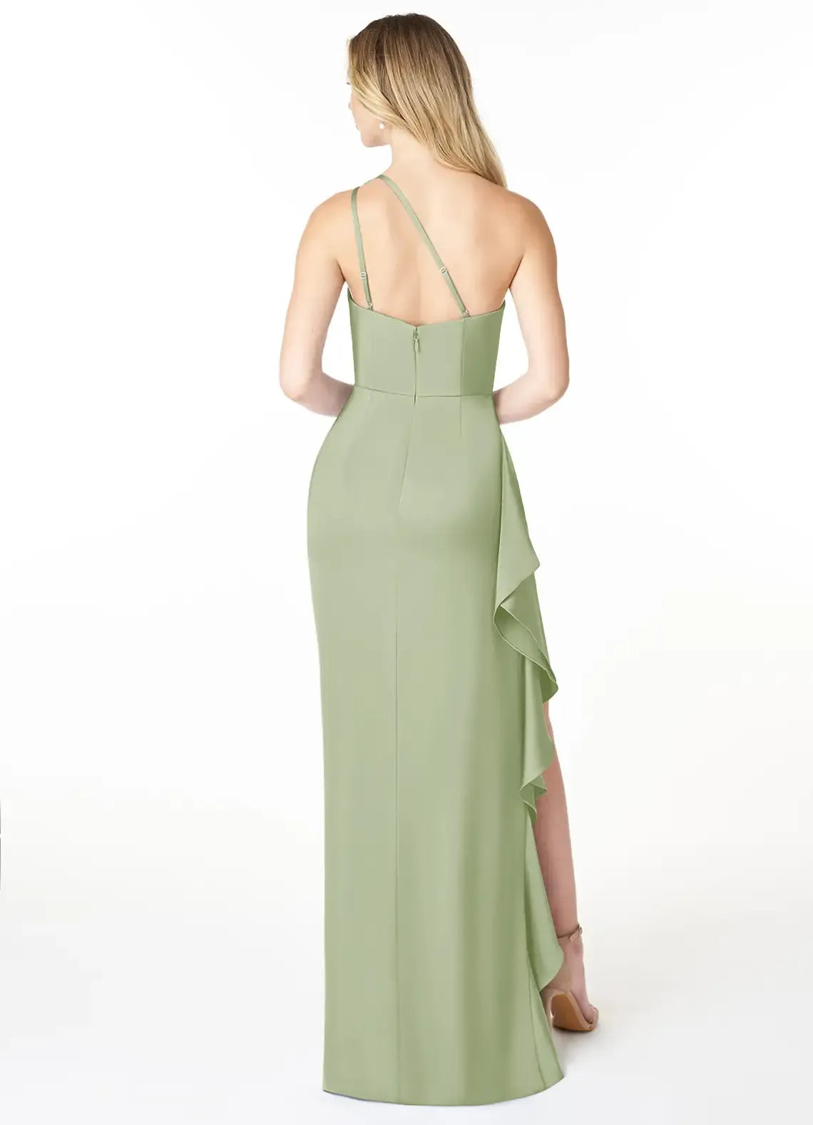 Asymmetric One Shoulder Ruched Side Ruffle High Slit Satin Mermaid Long Bridesmaid Dress