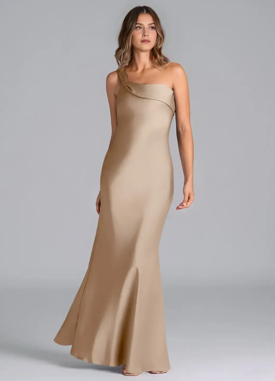 Asymmetric One Shoulder Ruffle Mermaid Satin Long Bridesmaid Dress