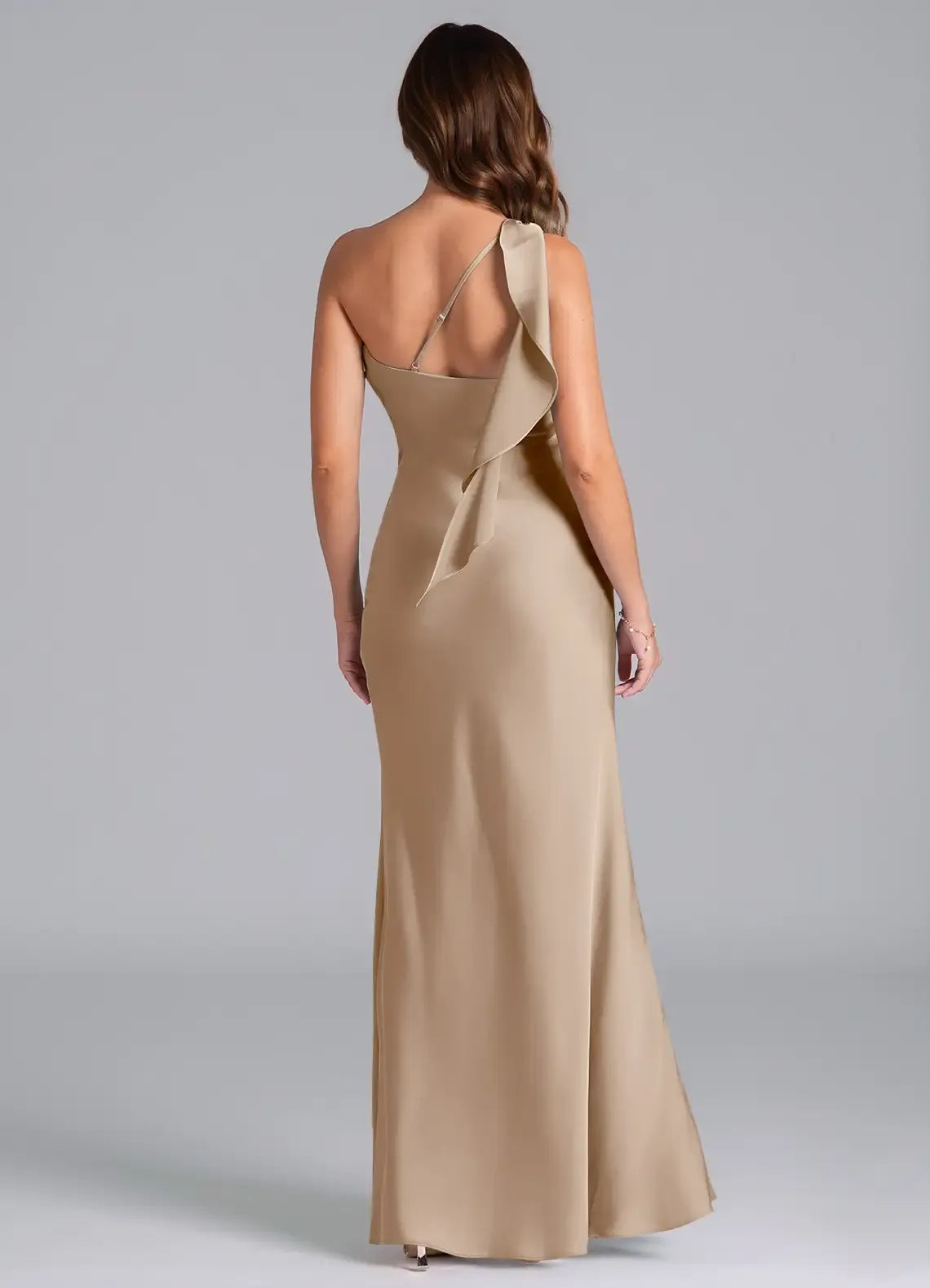 Asymmetric One Shoulder Ruffle Mermaid Satin Long Bridesmaid Dress