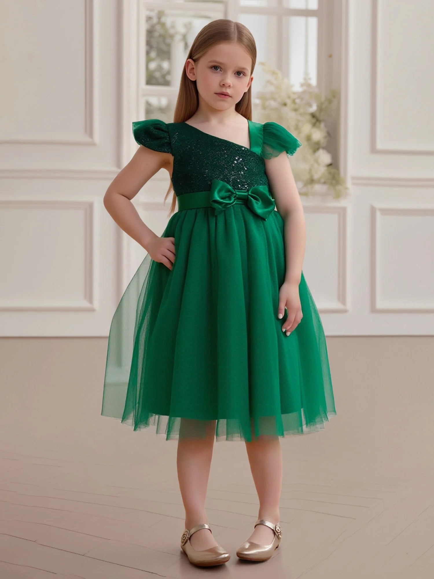 Asymmetrical Cap Sleeve Glitter Bodice Large Satin Bow Emerald Green Tulle Knee-Length Flower Girl Dresses