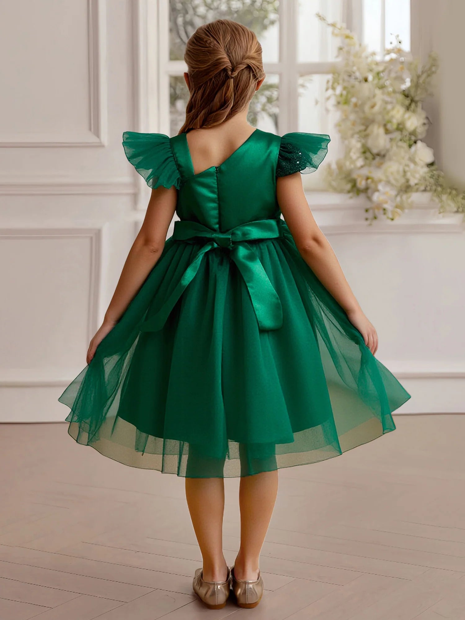 Asymmetrical Cap Sleeve Glitter Bodice Large Satin Bow Emerald Green Tulle Knee-Length Flower Girl Dresses