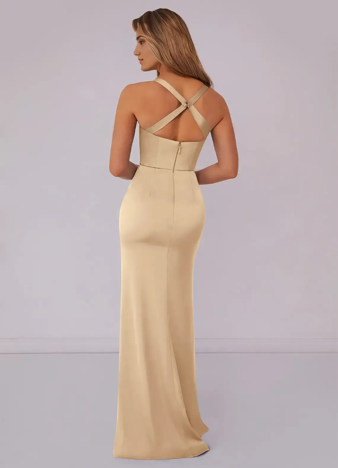 Asymmetrical Cowl Crisscross Back Mermaid Satin Long Bridesmaid Dress