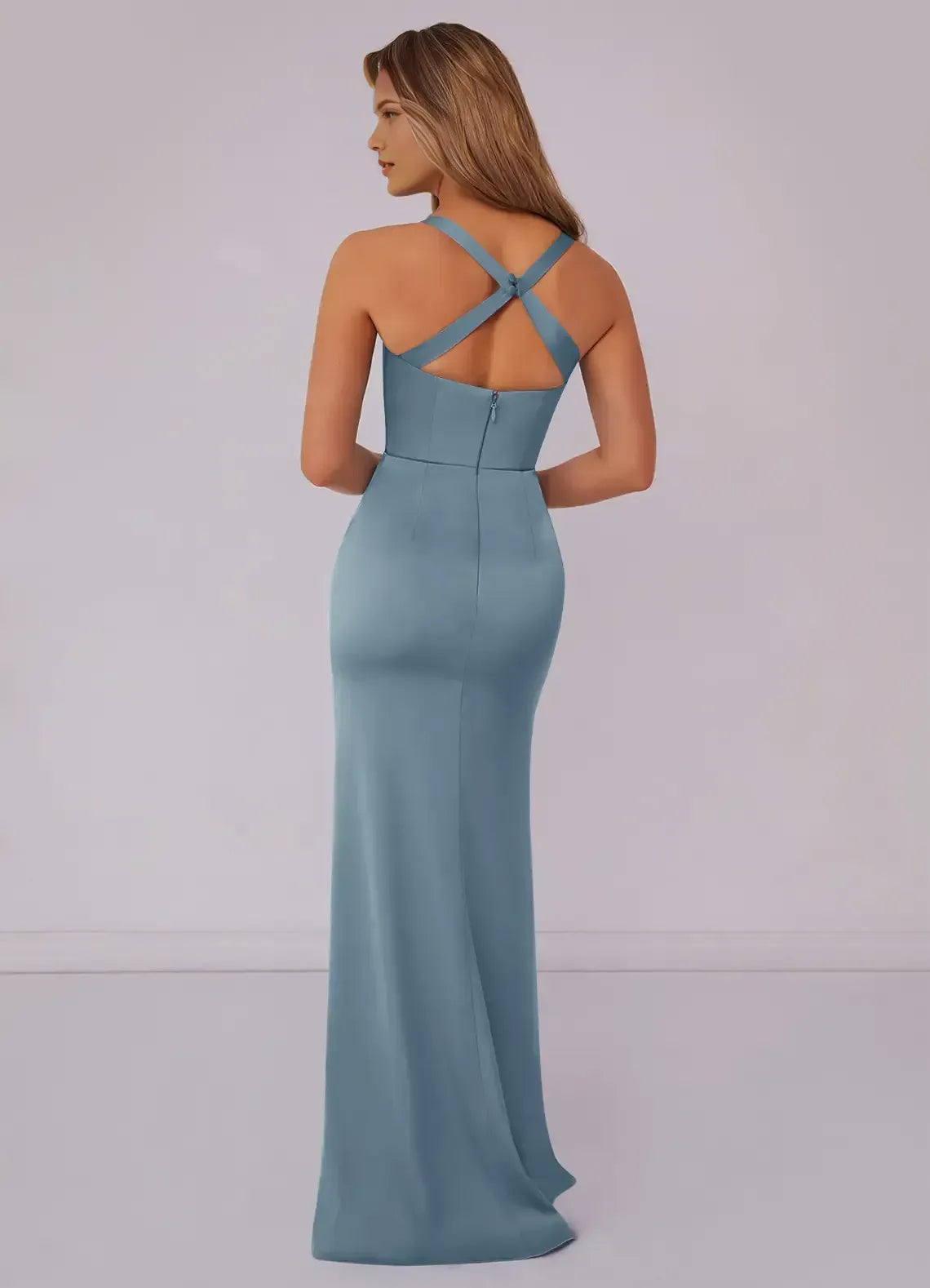 Asymmetrical Cowl Crisscross X-Back Mermaid Satin Long Bridesmaid Dress