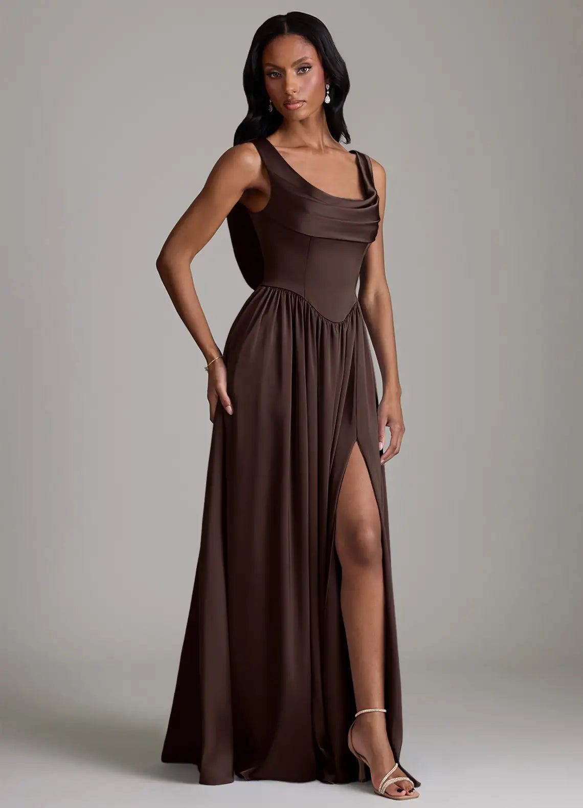 Asymmetrical Cowl Neck Corset Slit Floor-Length Bridesmaid Dress