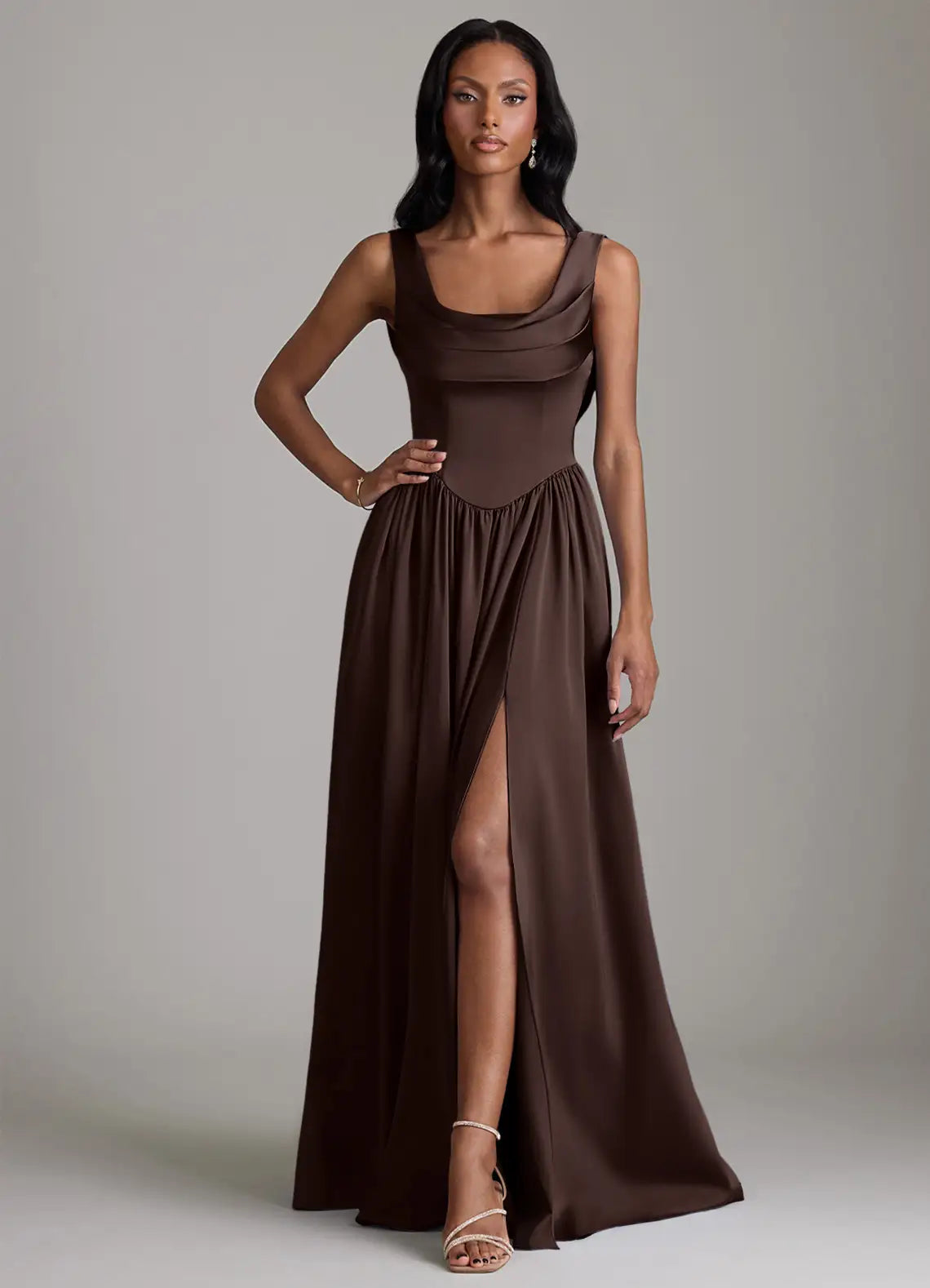 Asymmetrical Cowl Neck Corset Slit Floor-Length Bridesmaid Dress