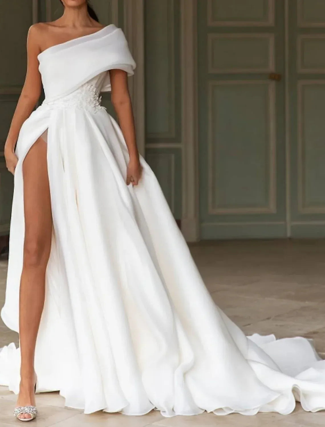 Asymmetrical Fold One Shoulder 3D Floral Waist High Slit Organza A-Line Wedding Dress With Train