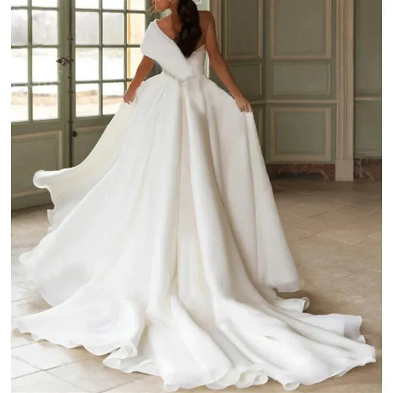 Asymmetrical Fold One Shoulder 3D Floral Waist High Slit Organza A-Line Wedding Dress With Train
