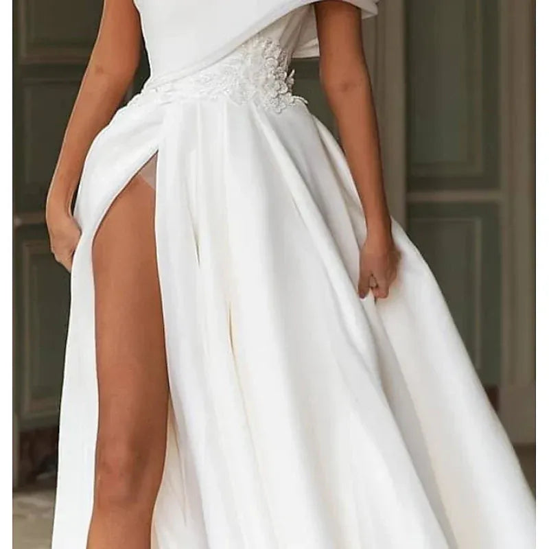 Asymmetrical Fold One Shoulder 3D Floral Waist High Slit Organza A-Line Wedding Dress With Train