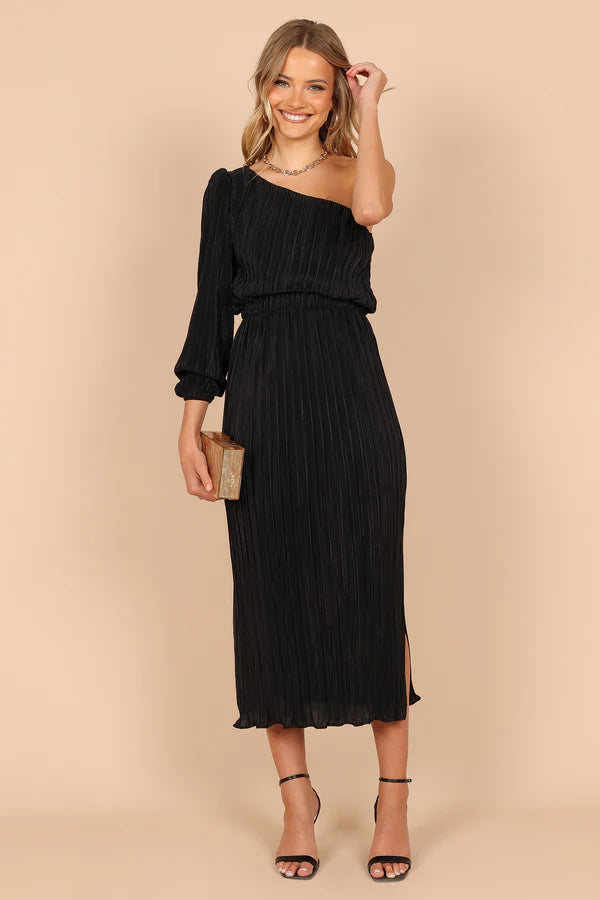 Asymmetrical Midi One-Shoulder Pleated Slit Wedding Guest Dress