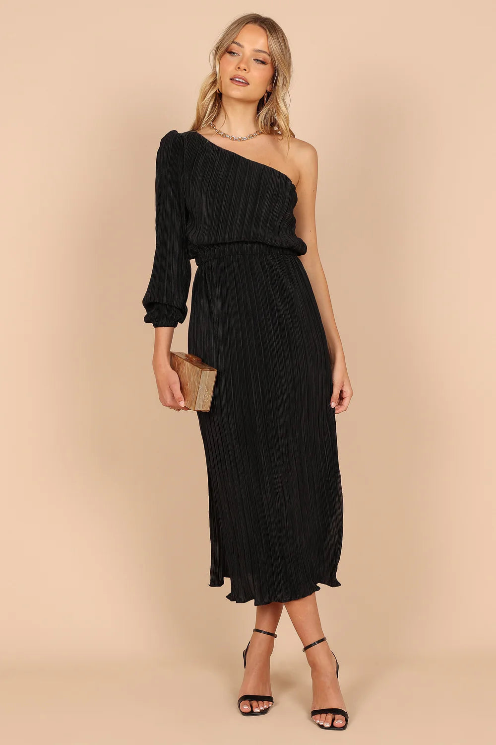 Asymmetrical Midi One-Shoulder Pleated Slit Wedding Guest Dress