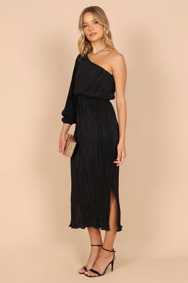 Asymmetrical Midi One-Shoulder Pleated Slit Wedding Guest Dress