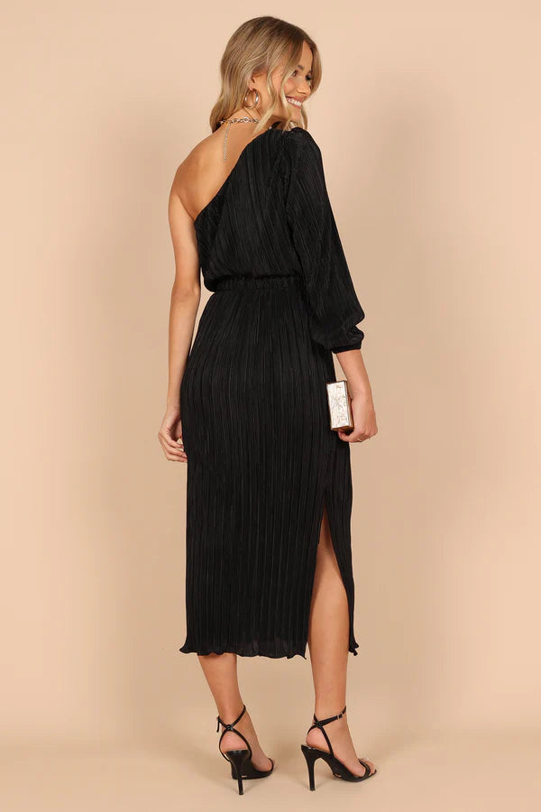 Asymmetrical Midi One-Shoulder Pleated Slit Wedding Guest Dress