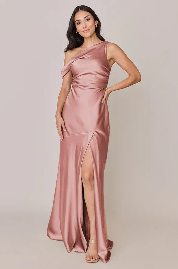 Asymmetrical Off Shoulder Side Ruched High Slit Mermaid Satin Bridesmaid Dress