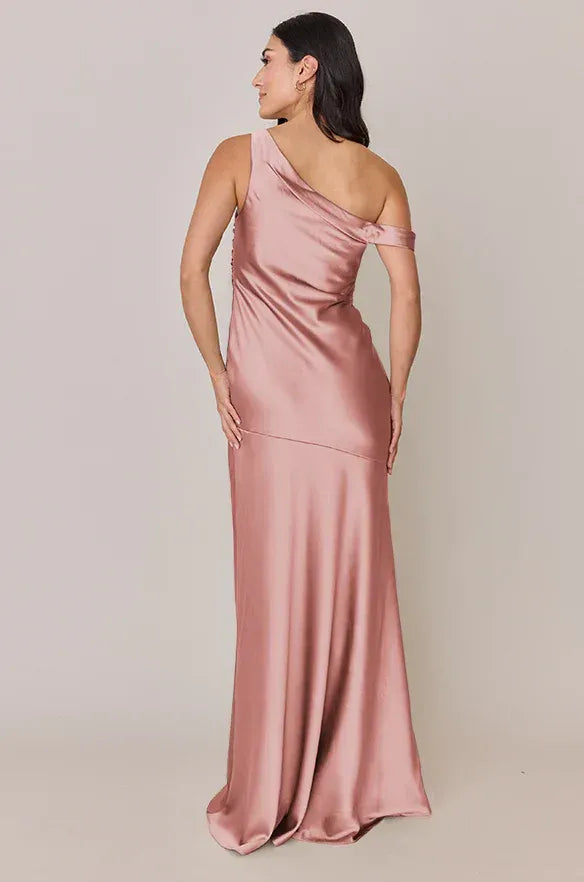 Asymmetrical Off Shoulder Side Ruched High Slit Mermaid Satin Bridesmaid Dress