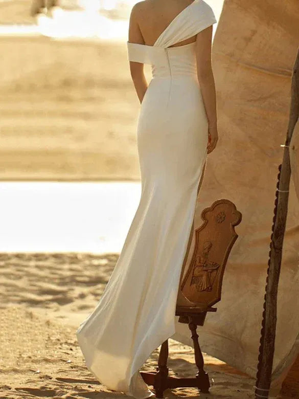 Asymmetrical One Fold Off Shoulder High Slit Gloss Satin Mermaid Wedding Dress With Train