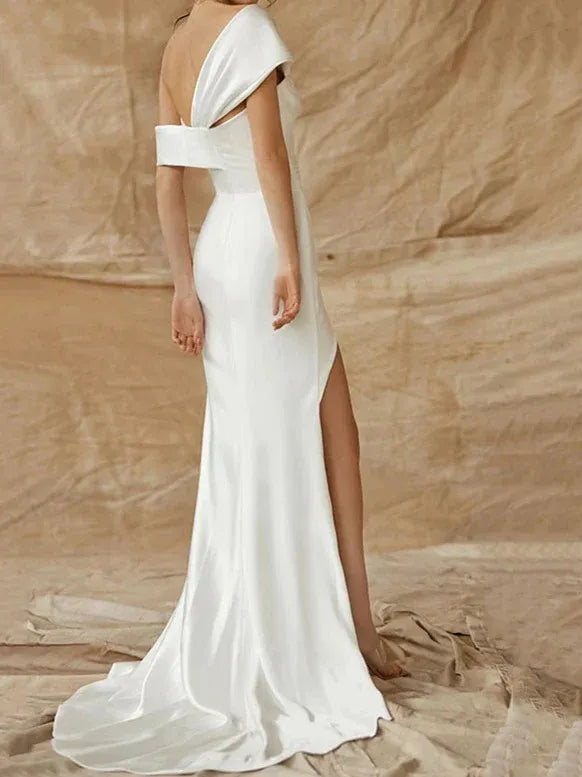Asymmetrical One Fold Off Shoulder High Slit Gloss Satin Mermaid Wedding Dress With Train