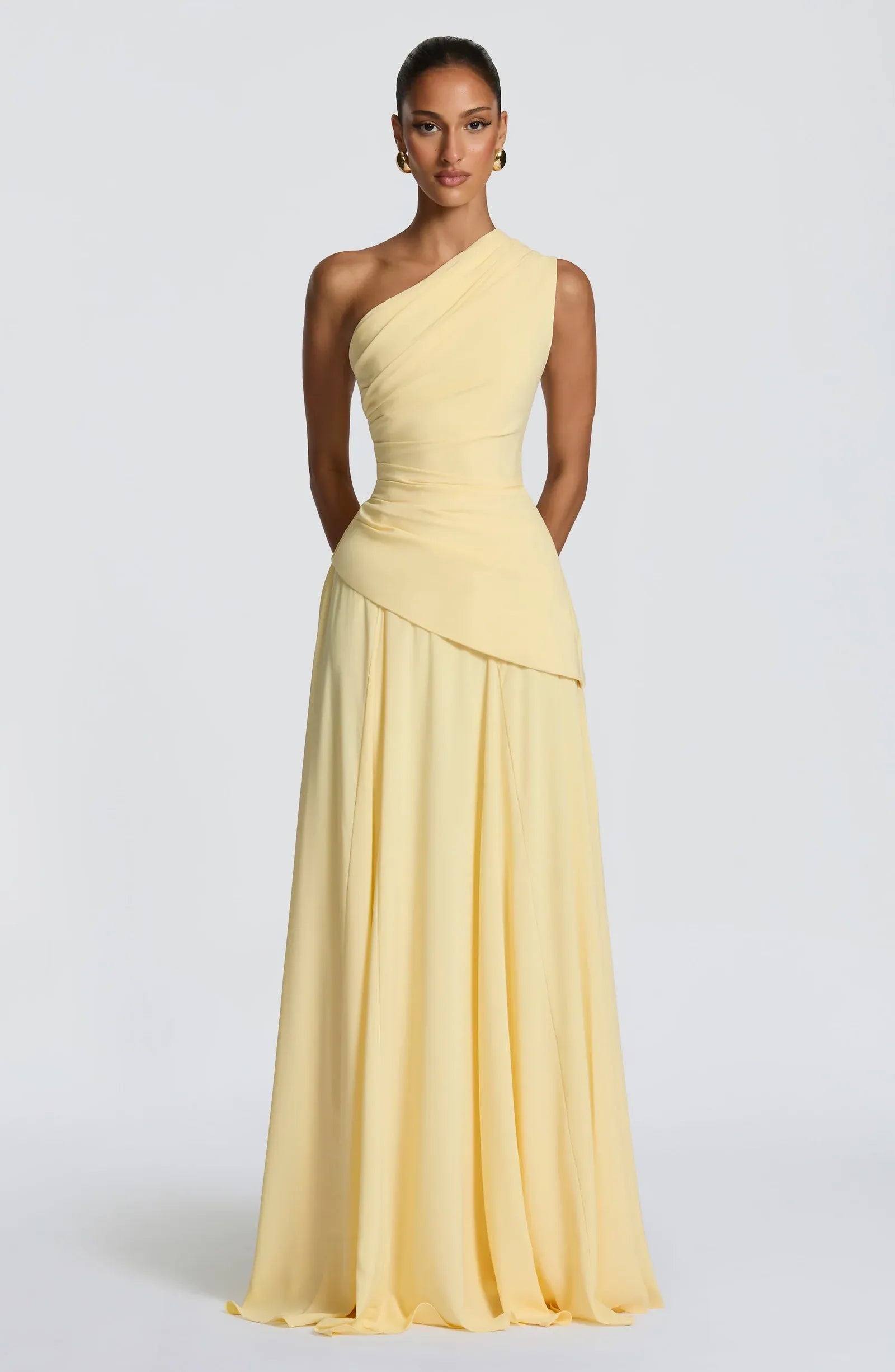 Asymmetrical One Shoulder Convertible Strap A Line Pale Yellow Crepe Maxi Wedding Guest Dresses