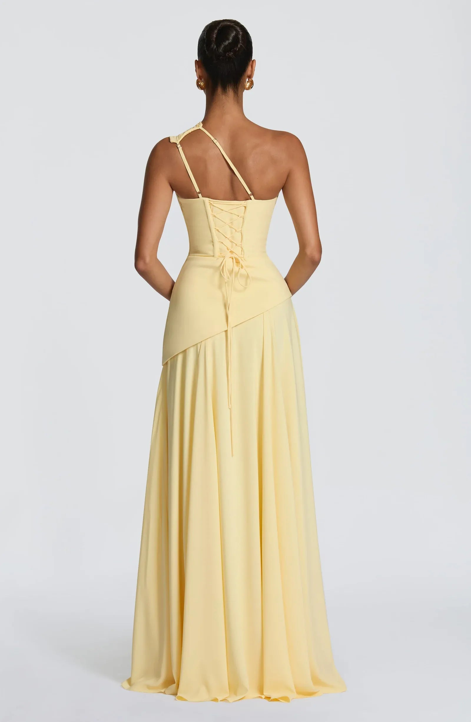 Asymmetrical One Shoulder Convertible Strap A Line Pale Yellow Crepe Maxi Wedding Guest Dresses