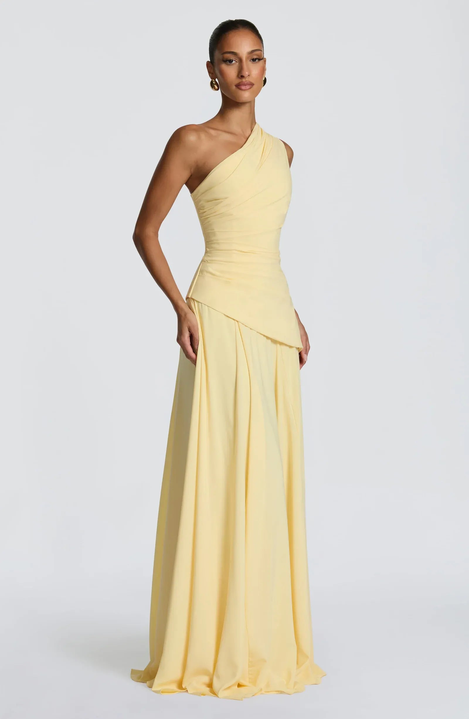 Asymmetrical One Shoulder Convertible Strap A Line Pale Yellow Crepe Maxi Wedding Guest Dresses