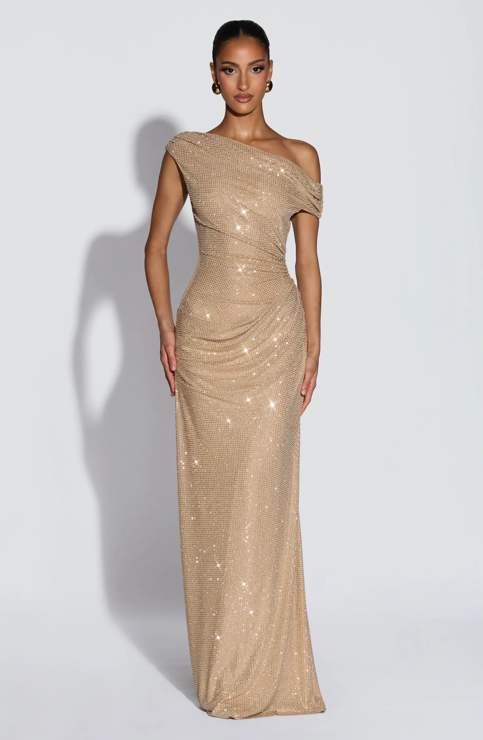 Asymmetrical One Shoulder Draped Ruched Full Rhinestone Mesh Mermaid Champagne Maxi Wedding Guest Dresses