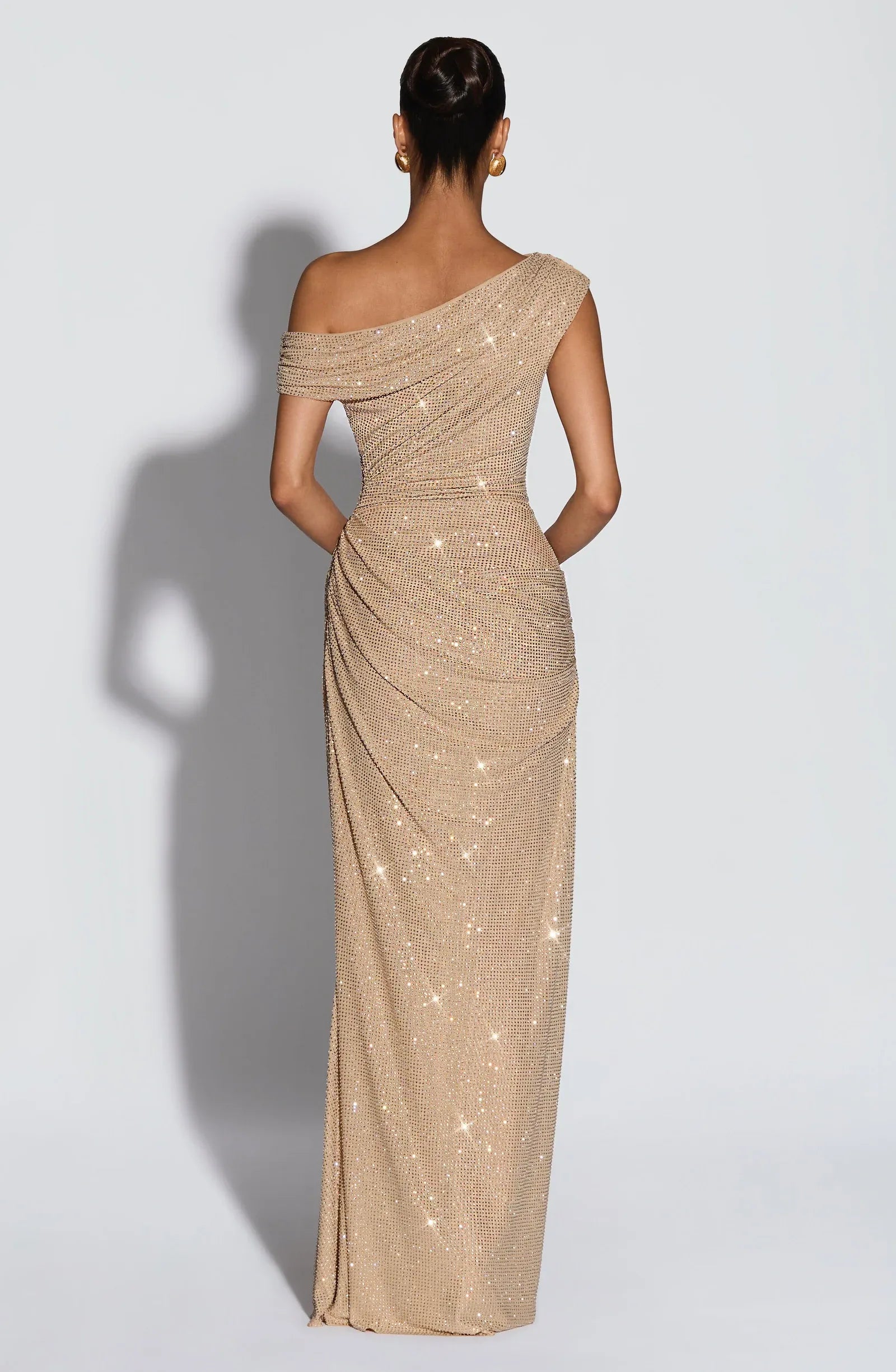 Asymmetrical One Shoulder Draped Ruched Full Rhinestone Mesh Mermaid Champagne Maxi Wedding Guest Dresses