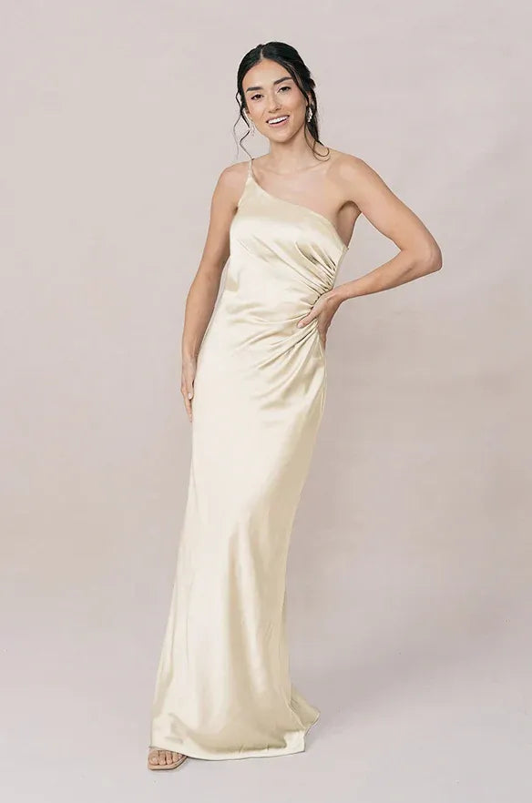 Asymmetrical One Shoulder Ruched Waist High Slit Mermaid Satin Long Bridesmaid Dress