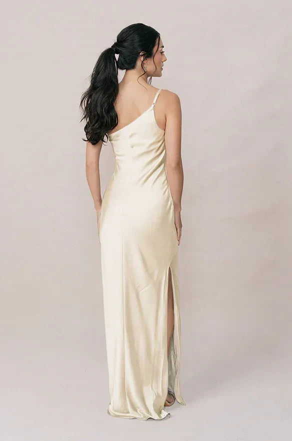 Asymmetrical One Shoulder Ruched Waist High Slit Mermaid Satin Long Bridesmaid Dress