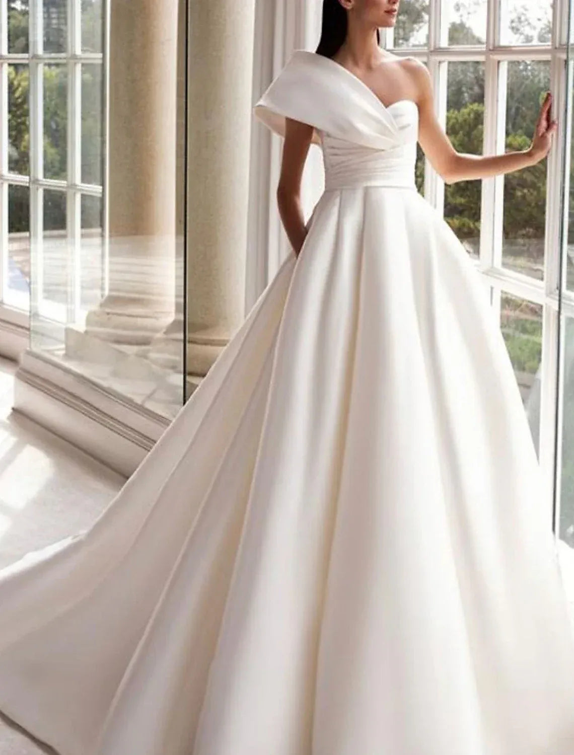 Asymmetrical One Shoulder Satin Ball Gown Wedding Dress Ruched Bodice Pearl Chapel Train