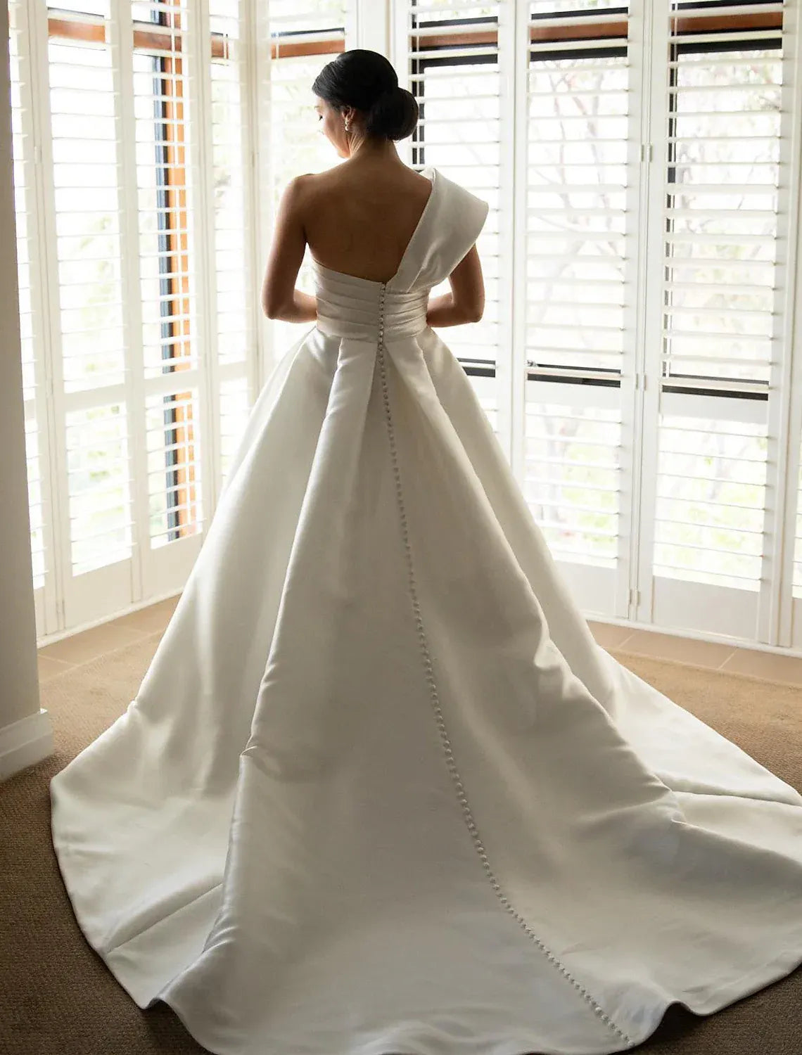 Asymmetrical One Shoulder Satin Ball Gown Wedding Dress Ruched Bodice Pearl Chapel Train