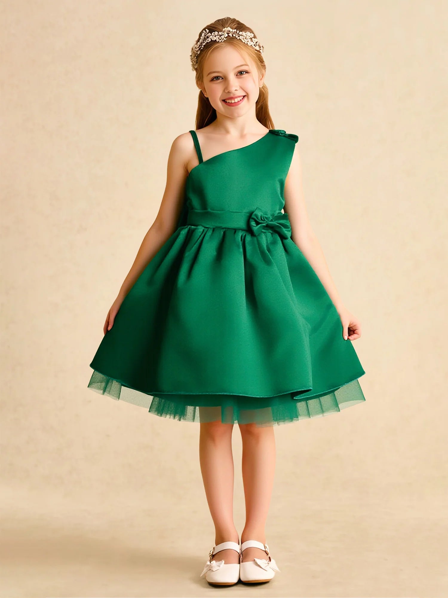 Asymmetrical One Spaghetti Strap V Back Giant Satin Bow Emerald Green Satin Tulle Knee-Length Flower Girl Dresses