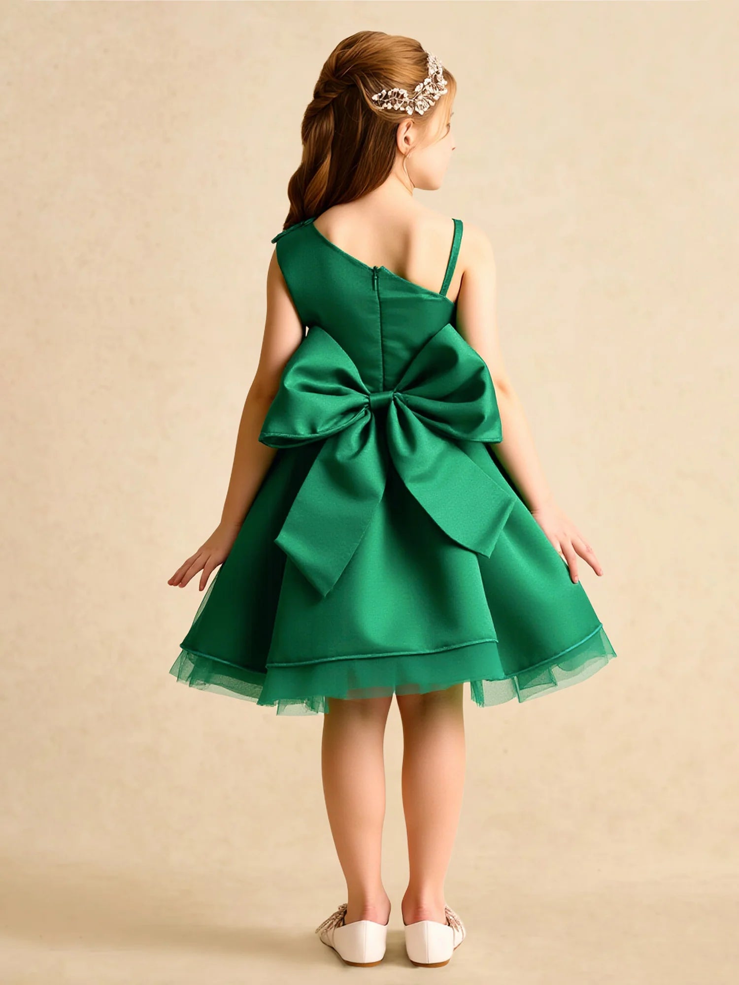 Asymmetrical One Spaghetti Strap V Back Giant Satin Bow Emerald Green Satin Tulle Knee-Length Flower Girl Dresses