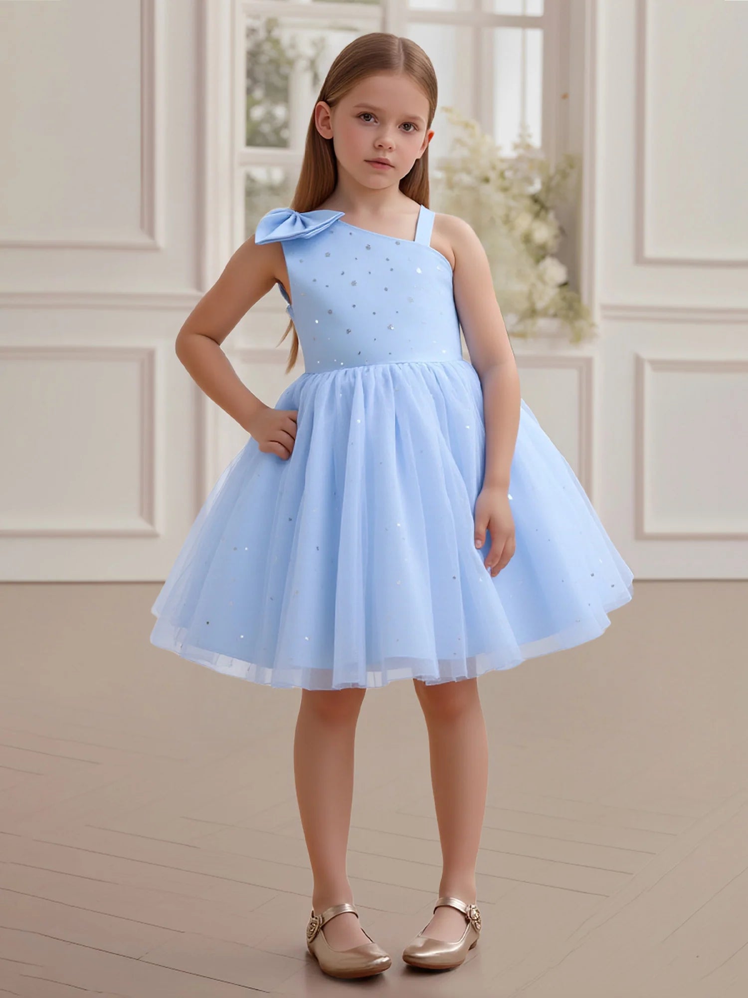 Asymmetrical Single Strap V Back Large Satin Bow Star Sequin Light Blue Tulle Knee-Length Flower Girl Dresses