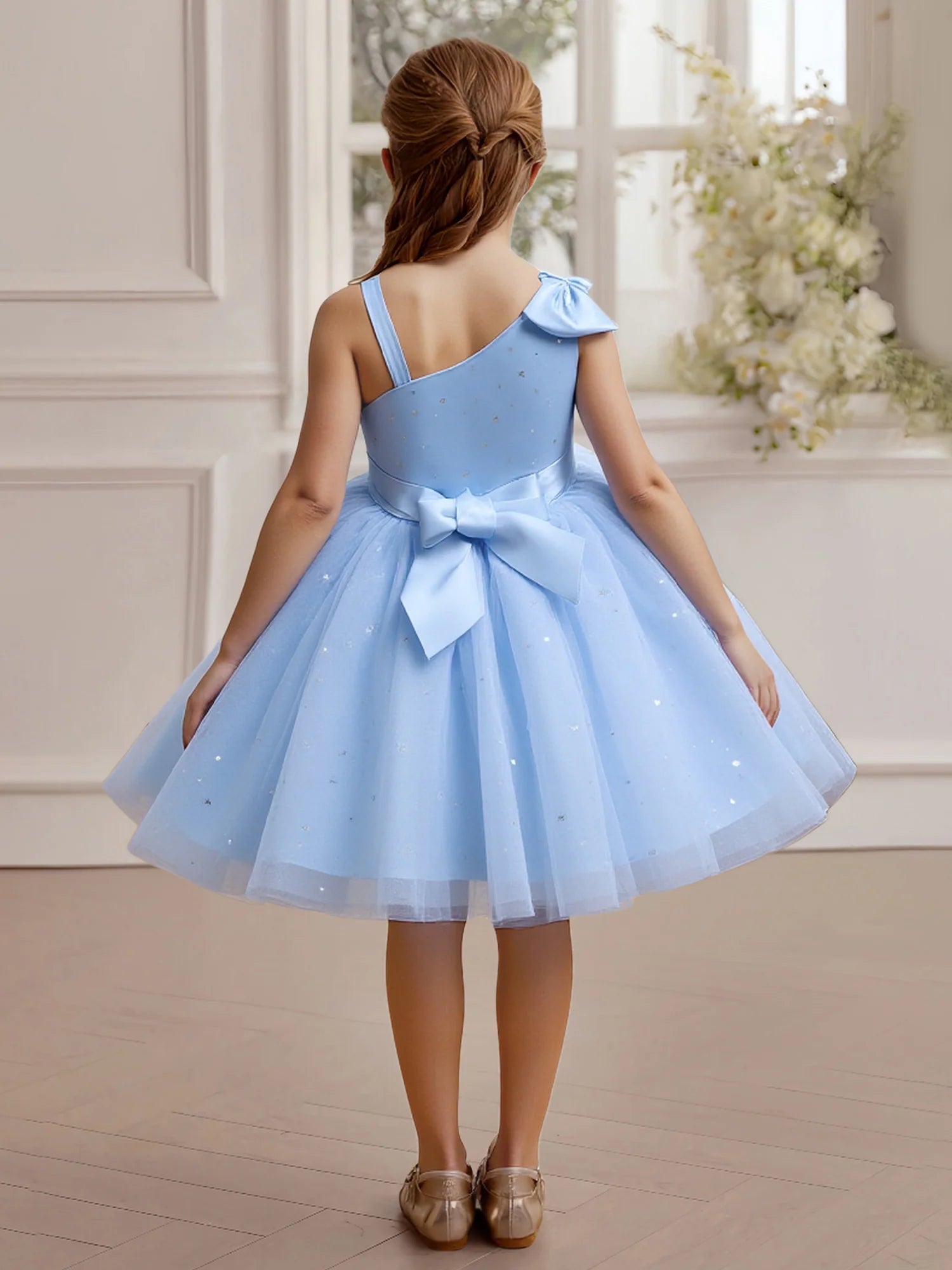 Asymmetrical Single Strap V Back Large Satin Bow Star Sequin Light Blue Tulle Knee-Length Flower Girl Dresses