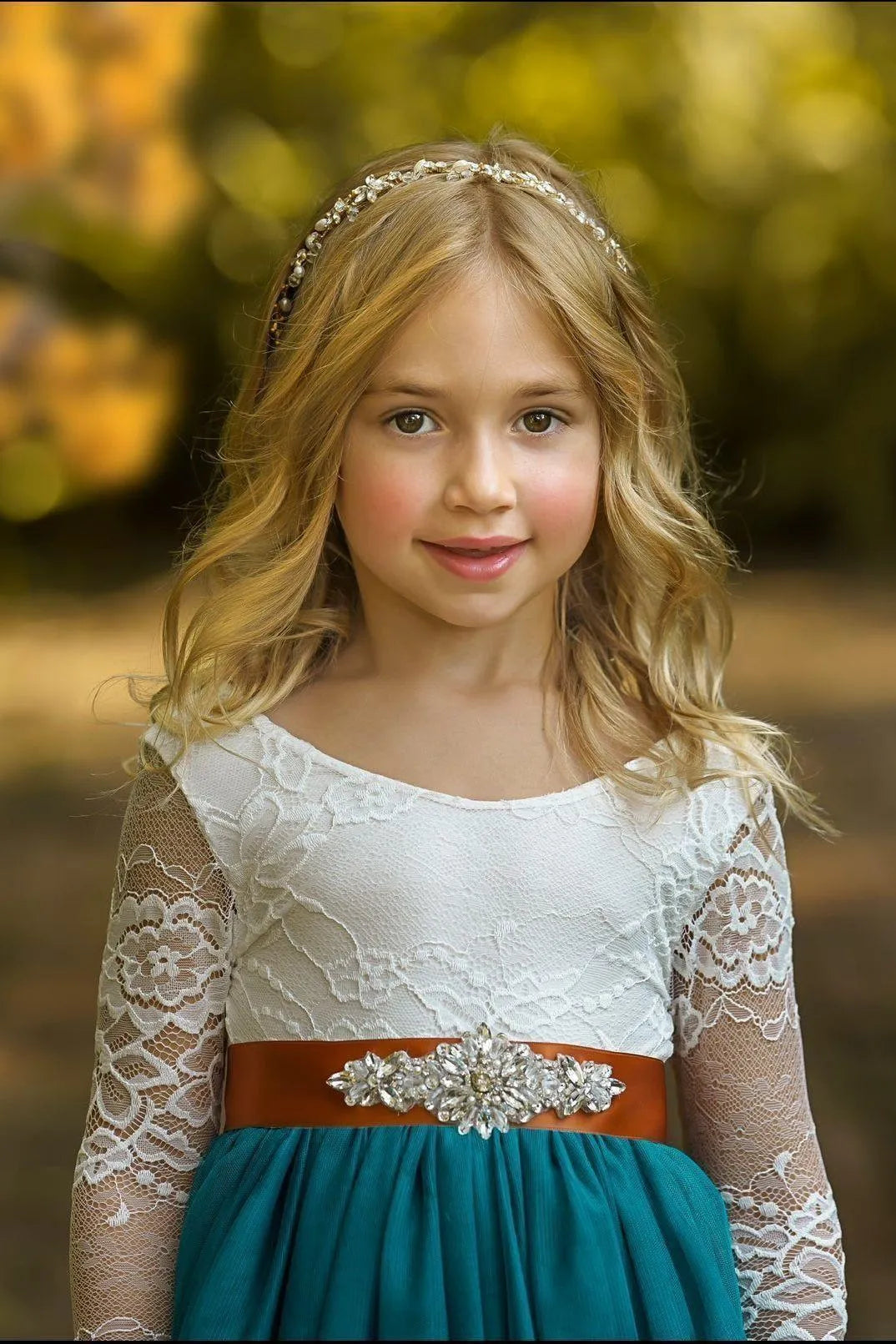 Autumn A-Line Round Neck Long Sleeve V-Back Floor-Length Outdoor Flower Girl Dress