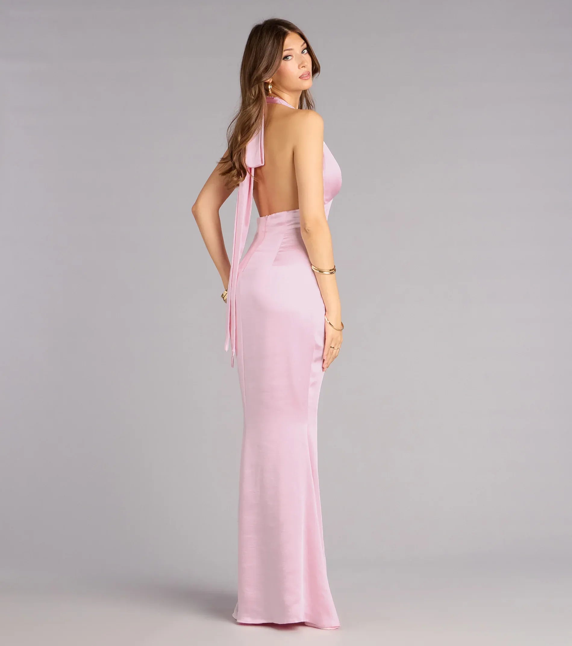 Baby Pink Halter Deep V Tie Back Satin Mermaid Maxi Wedding Guest Dress