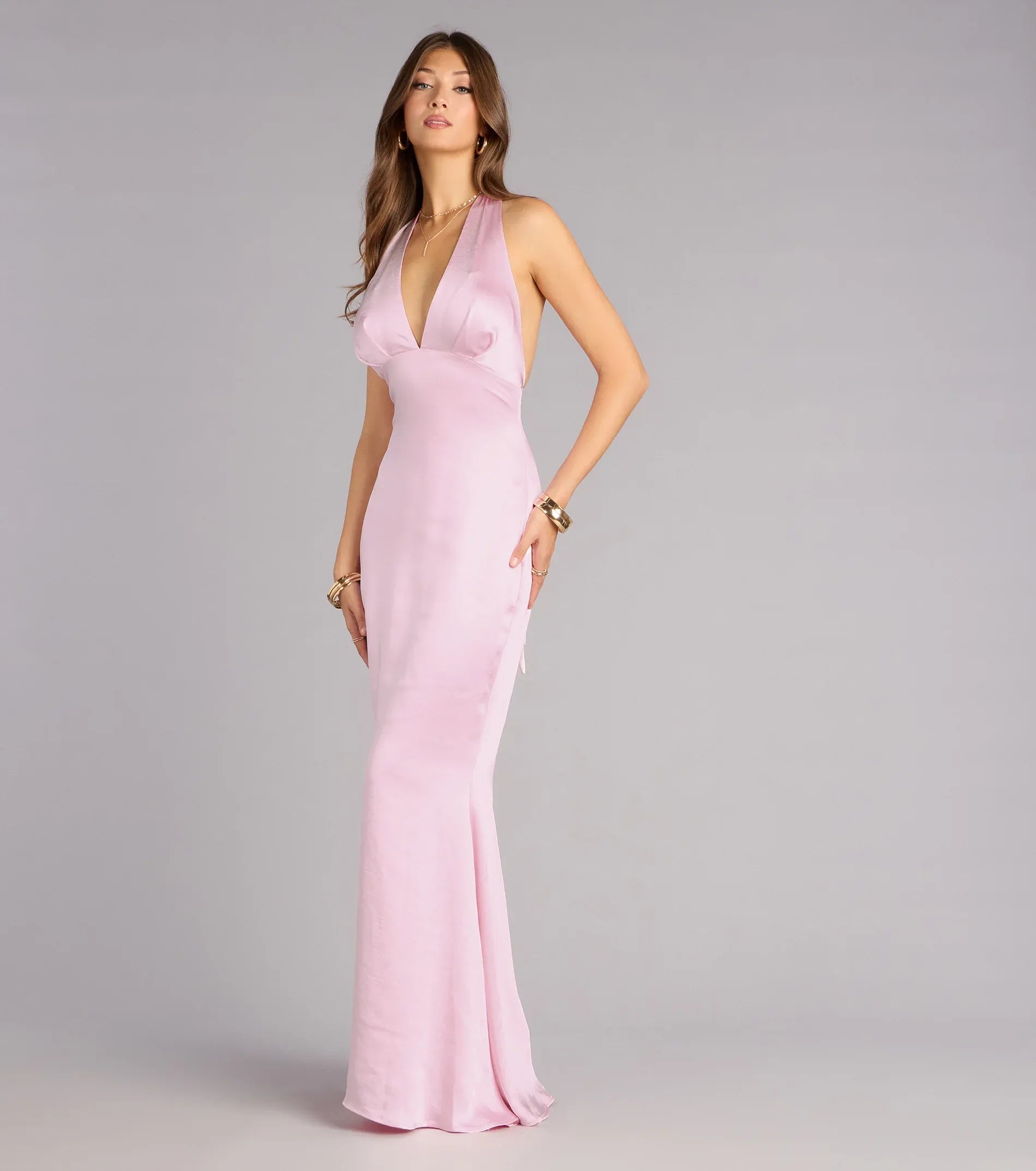 Baby Pink Halter Deep V Tie Back Satin Mermaid Maxi Wedding Guest Dress